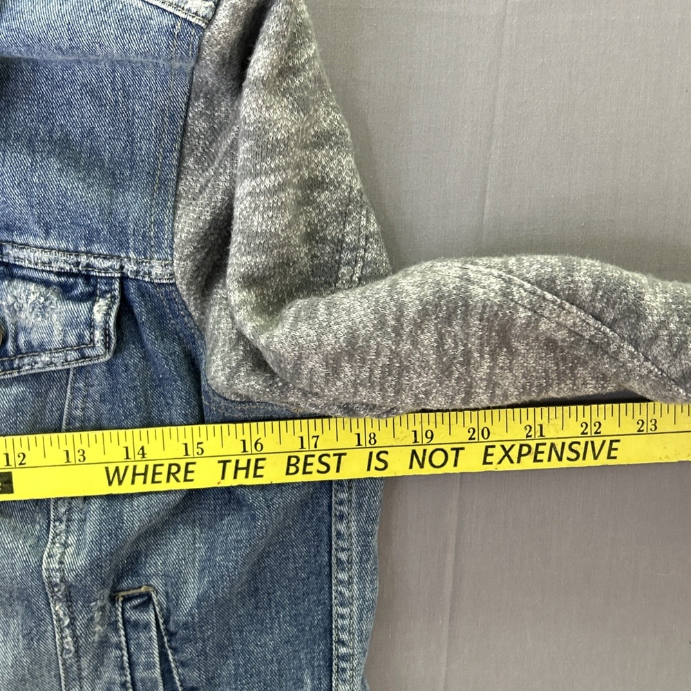 Free People Denim Jacket Gray Knit Sleeves Detachable Hood Blue Distressed M - Picture 3 of 6